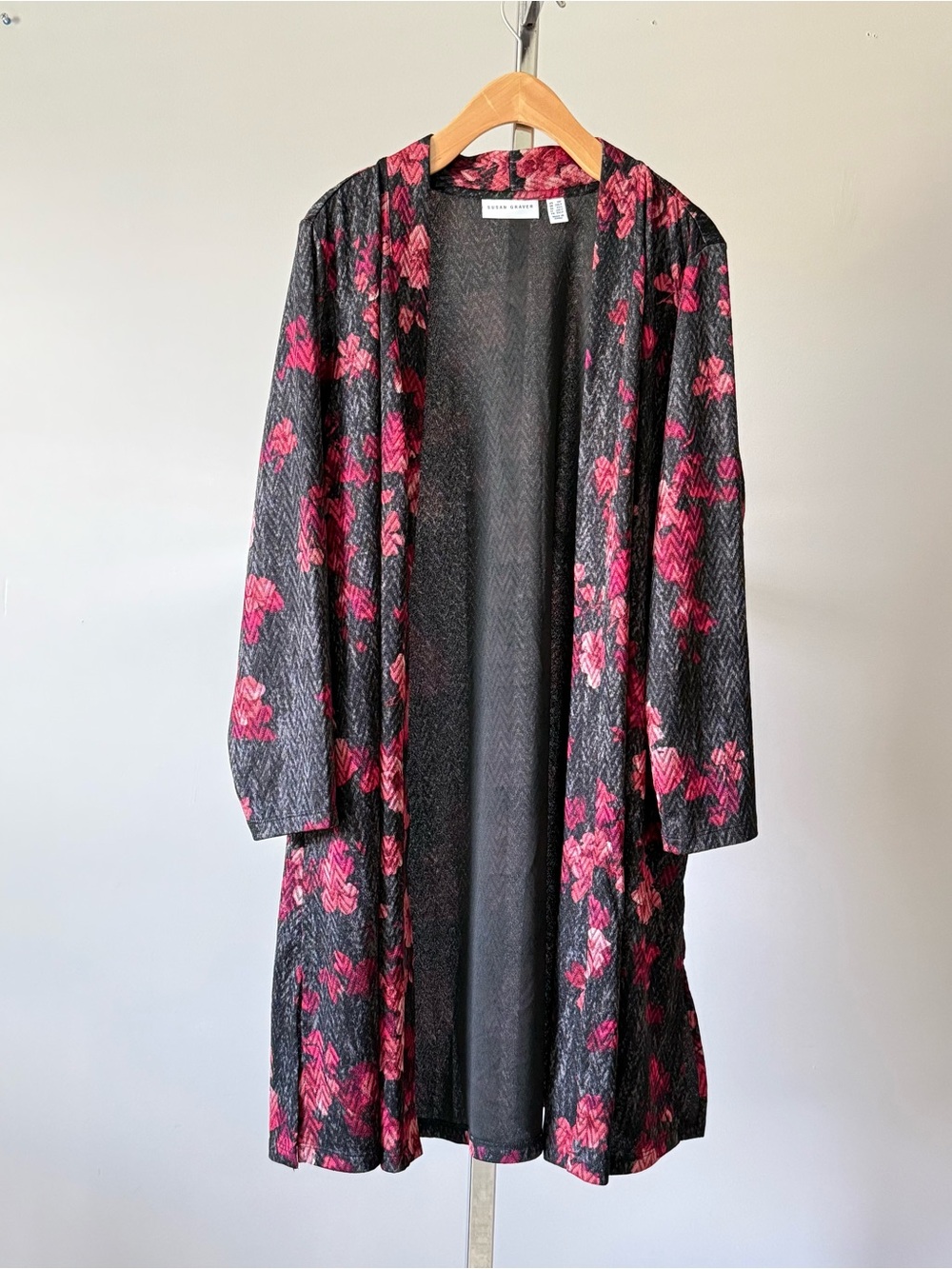 Susan Graver QVC Printed Novelty Knit Duster Cardigan Pink Chevron 1XP